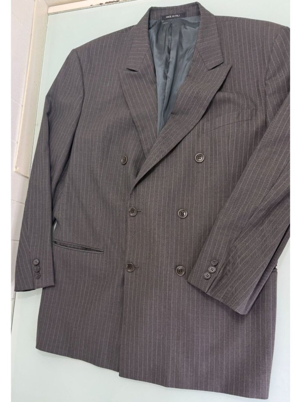 VTG Armani Collezioni Double Breasted Blazer 44R Peak Lapel Brown Striped Italy